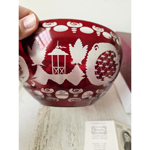 Egermann Red‎ Ruby bowl lazure Bohemian centerpiece deer scene building - Picture 2 of 10